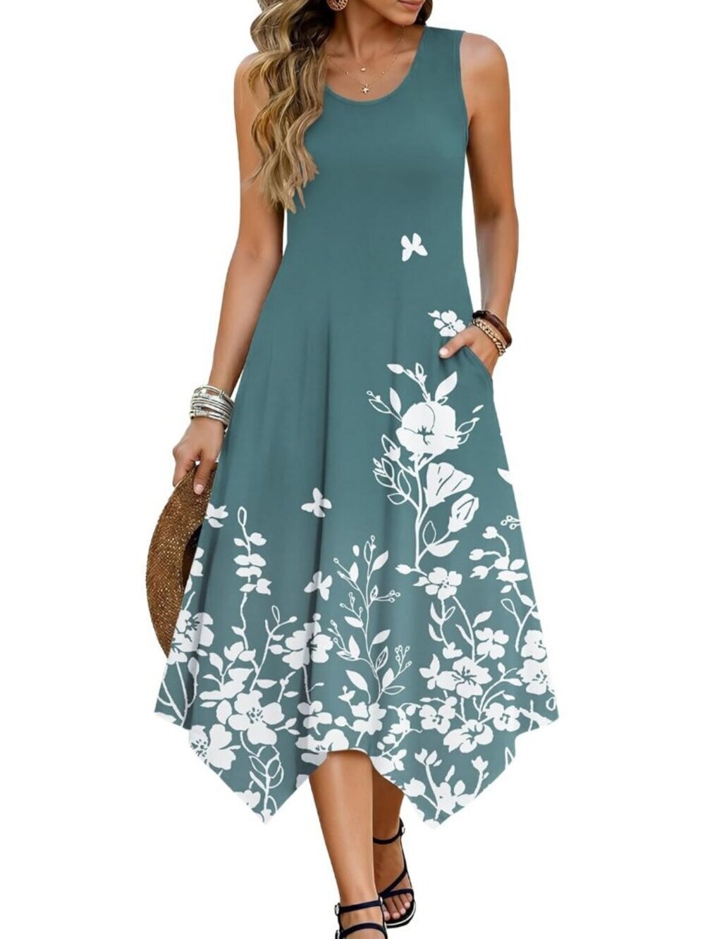 Hotouch Women's Floral Gray Green Sleeveless Sundress Hankerchief Beach Dress